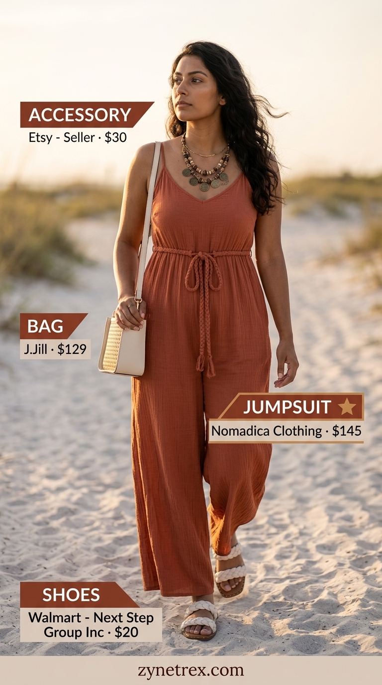 Desert Sands Jumpsuit: Summer Beach Outfits for Women 2026 Terracotta jumpsuit summer beach outfits for women 2026, modern bohemian style for coastal exploration and resort dinners.