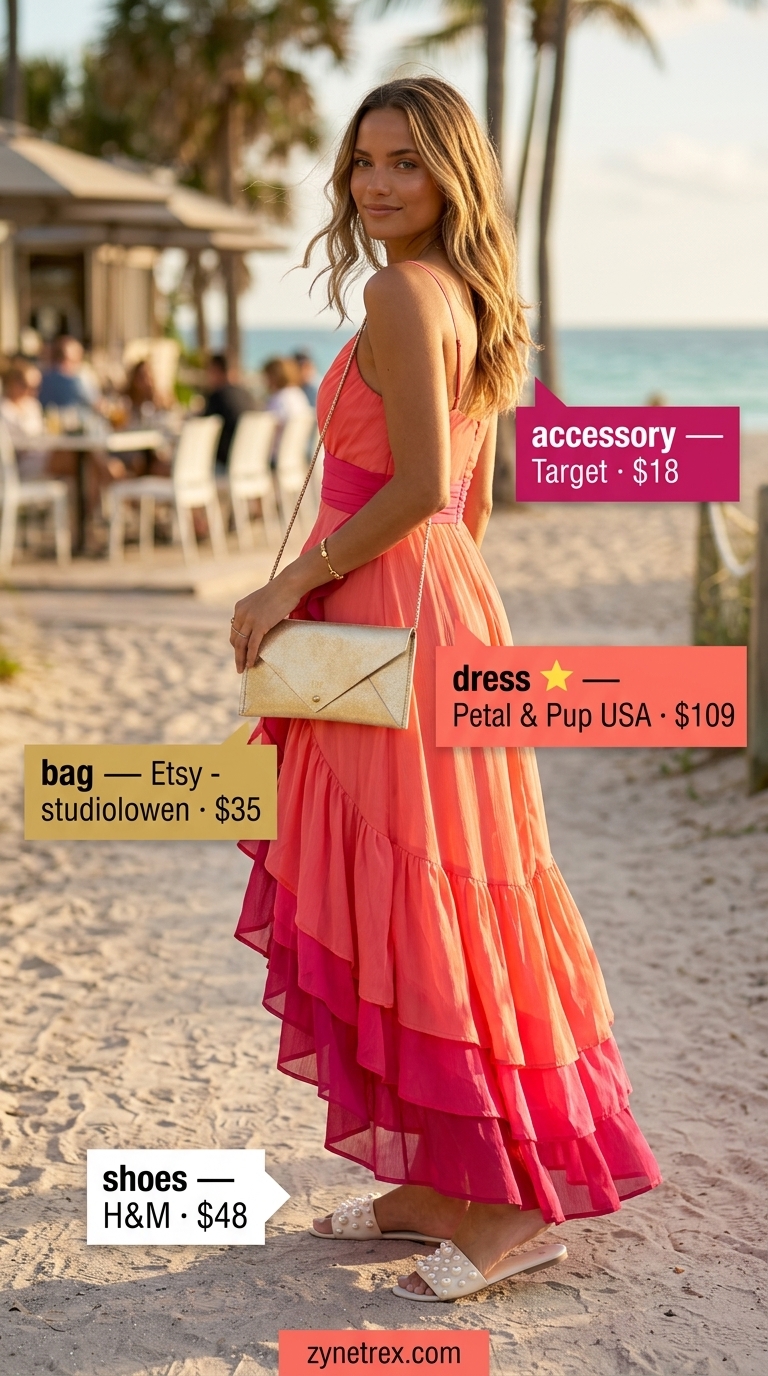 Tropical Sunset Maxi Dress 2026 Vibrant coral maxi dress, gold accessories, and flat sandals for summer beach outfits for women 2026.