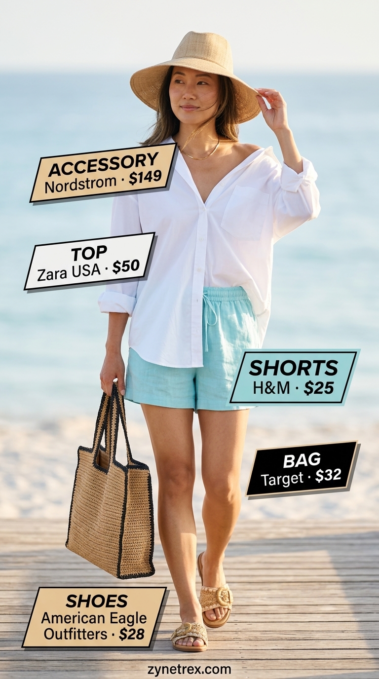 Seaside Linen Summer Outfits for Women 2026 Seaside Linen summer beach outfit for women 2026: Aqua shorts, white shirt, straw tote, raffia sandals, sun hat.