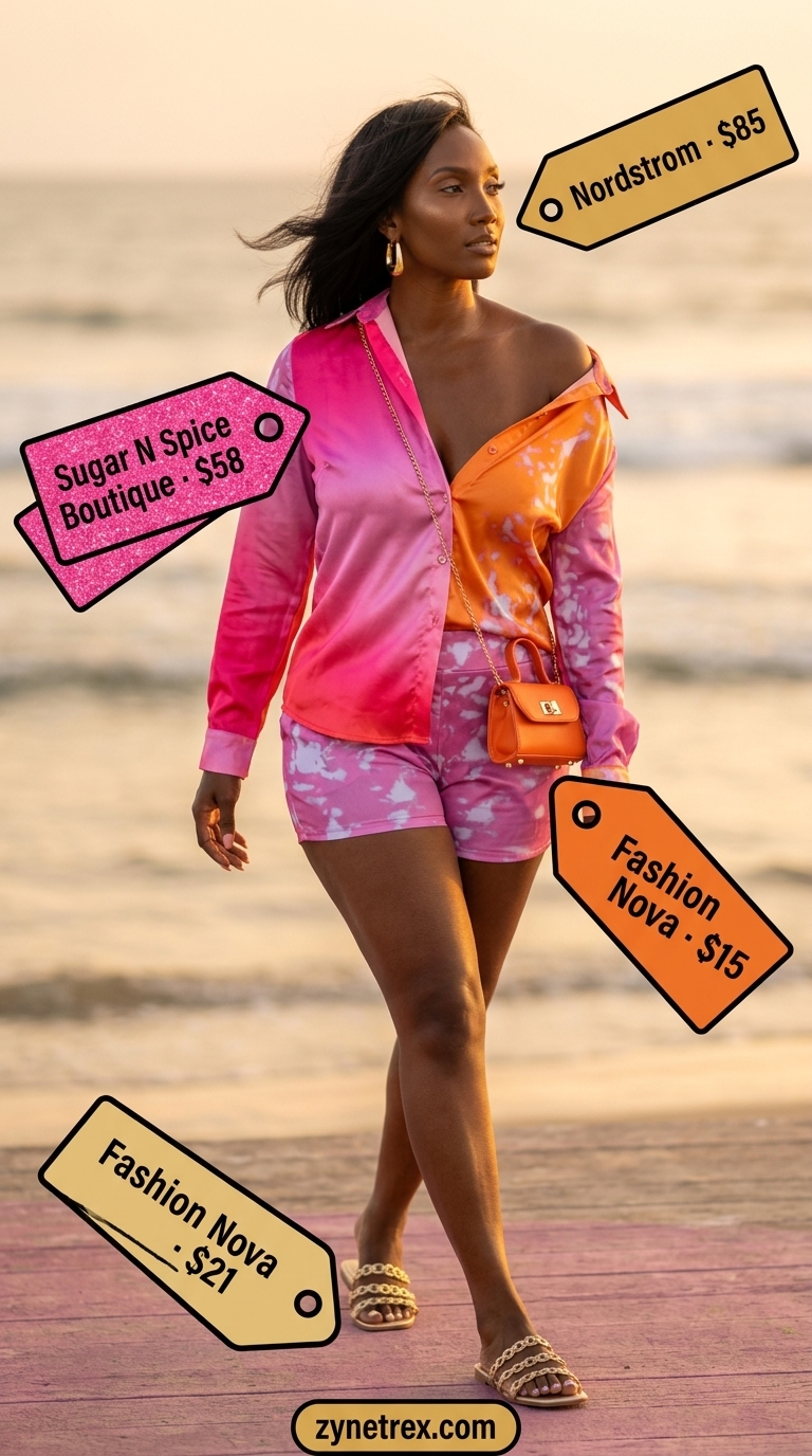 Golden Hour Summer Outfits for Women 2026 Golden Hour summer beach outfit for women 2026: Pink/orange matching set, gold sandals, orange bag, gold hoops.