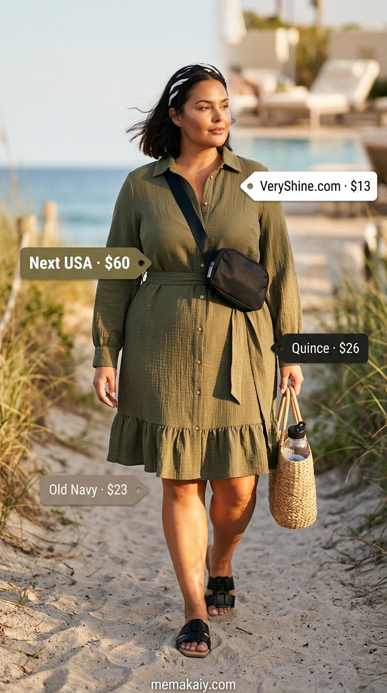 Safari Chic Summer Outfits for Women 2026 Safari Chic summer beach outfit for women 2026: Olive green utility dress, black slides, belt bag, zebra headband.