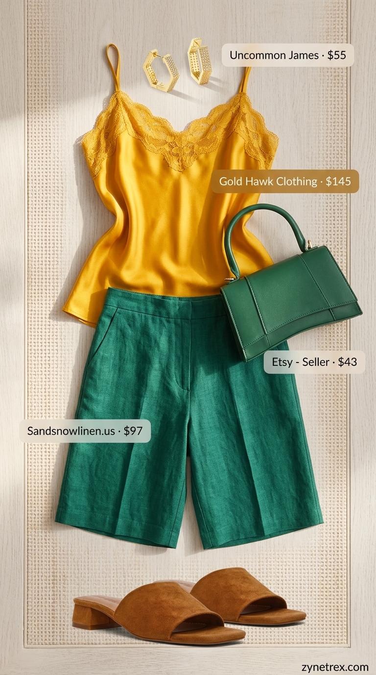 Tropicana Glam Duo 2026 Emerald green linen shorts and gold silk camisole for glamorous summer beach outfits for women 2026.