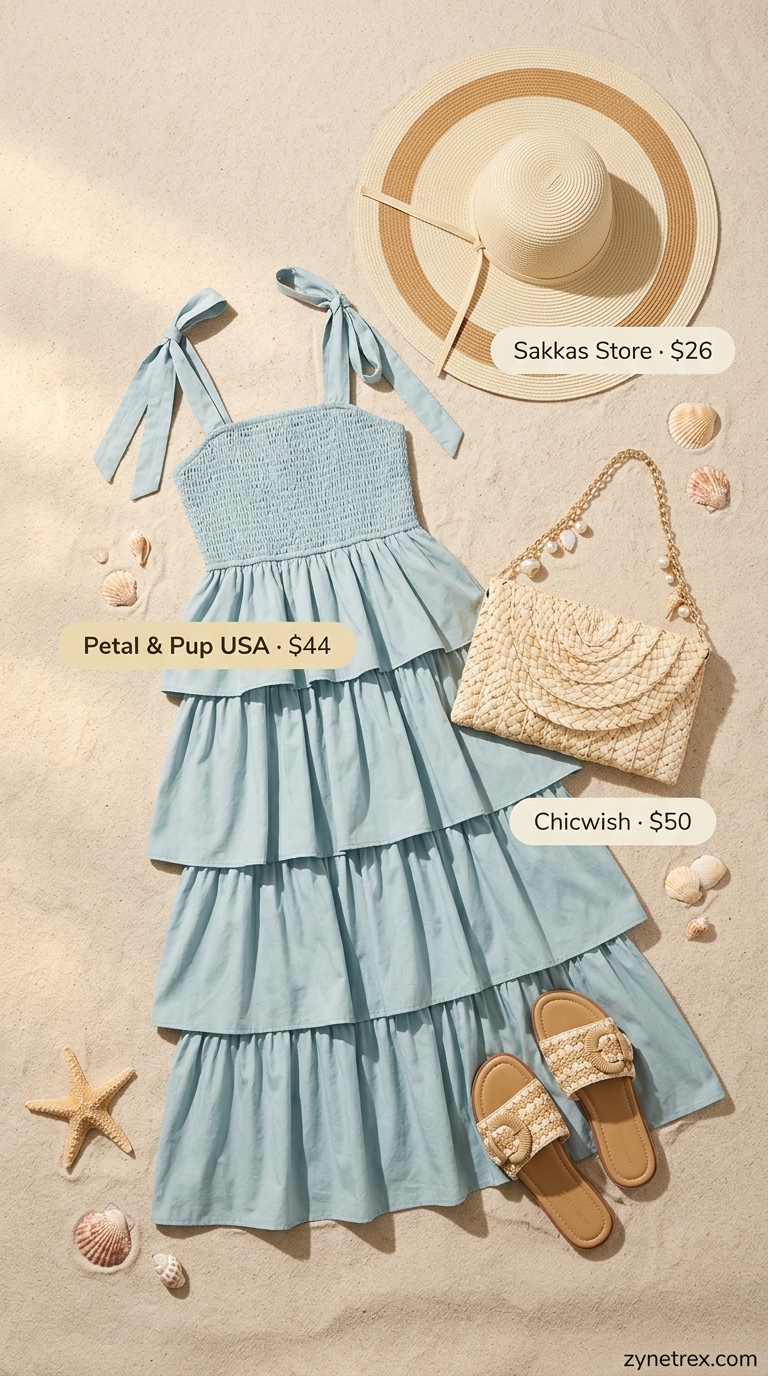 Coastal Serenity Maxi Dress 2026 Sky blue maxi dress and straw hat for serene summer beach outfits for women 2026.