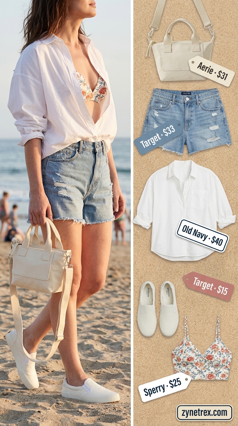 Casual Cove Explorer 2026 Denim shorts, white shirt, and bikini for casual summer beach outfits for women 2026.