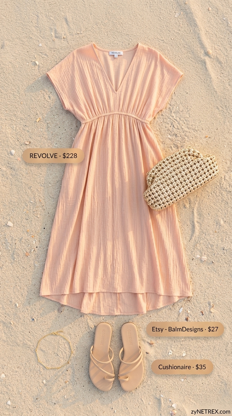 Golden Hour Glow Dress: Summer Beach Outfits for Women 2026 Pale peach caftan maxi dress summer beach outfits for women 2026, minimalist and elegant for resort evenings.
