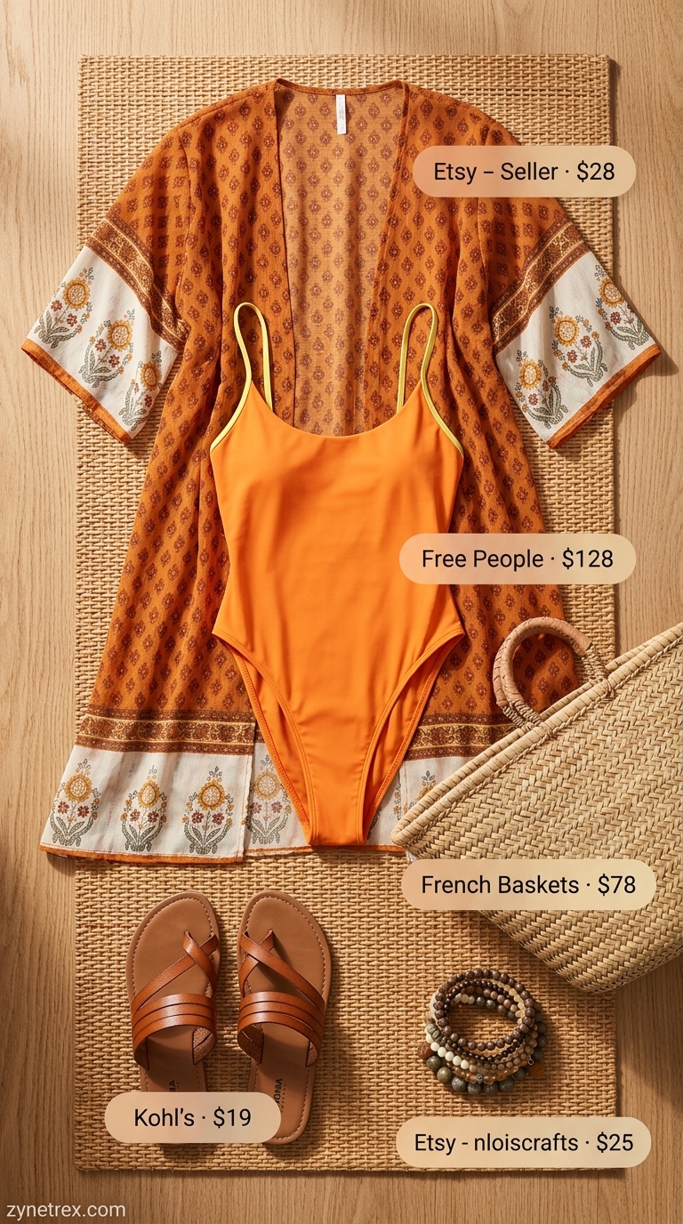 Boho Beach Wanderer Cover-Up 2026 Terracotta swimsuit with a flowing kimono cover-up for boho summer beach outfits for women 2026.