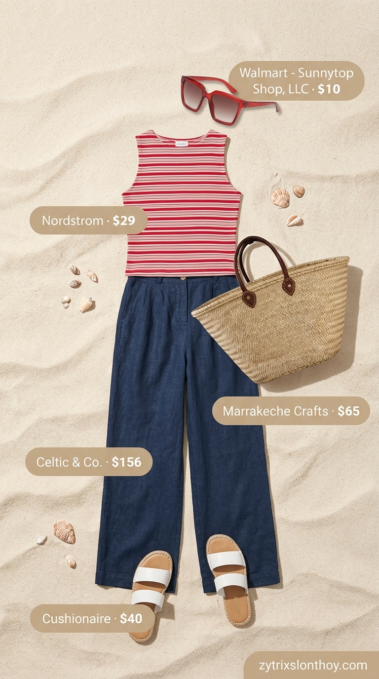 Riviera Ready Linen Pants 2026 Navy linen pants and striped top for chic summer beach outfits for women 2026.