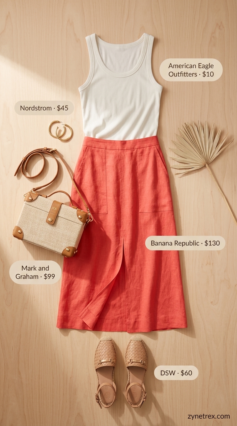 Sunset Lounge Midi Skirt 2026 Coral linen midi skirt and knit tank for relaxed summer beach outfits for women 2026.