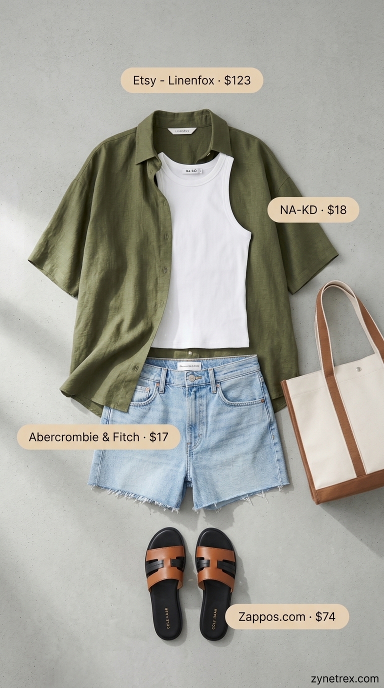 Casual Beach Day Outfit: Summer Beach Outfits for Women 2026 Denim shorts and linen shirt summer beach outfits for women 2026, relaxed and cool for casual beach days.