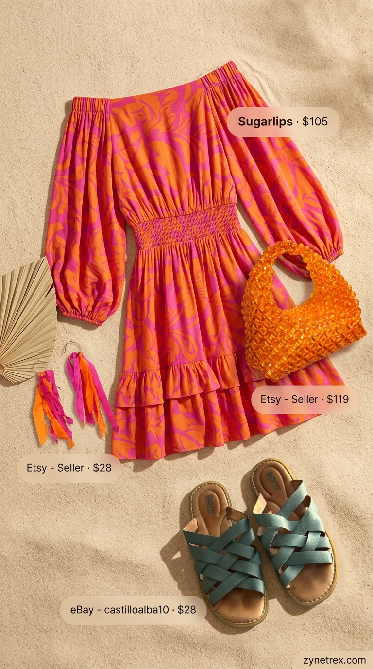 Vibrant Fiesta Summer Outfits for Women 2026 Vibrant Fiesta summer beach outfit for women 2026: Fuchsia print dress, teal slides, beaded bag, tassel earrings.