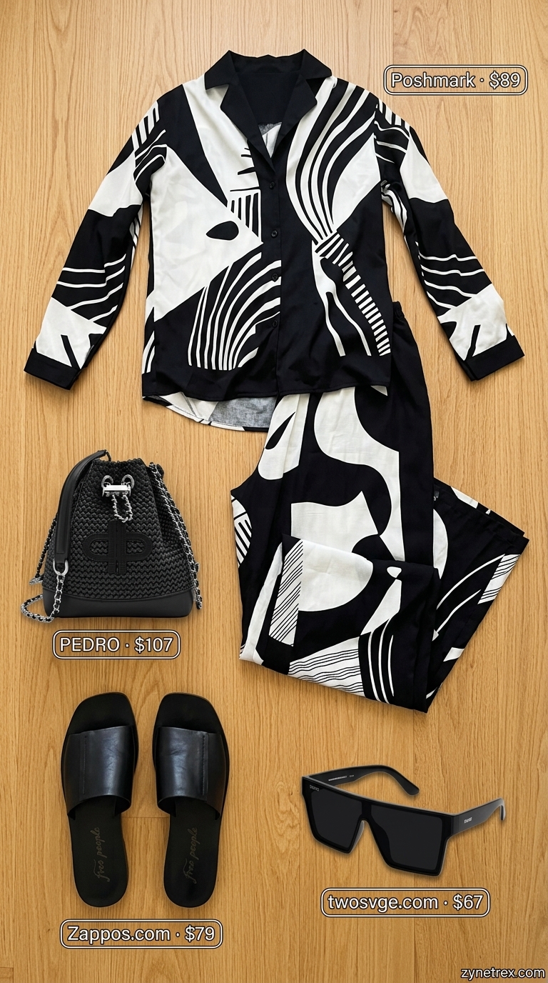 Chic Cabana Summer Outfits for Women 2026 Chic Cabana summer beach outfit for women 2026: Black/white set, woven bag, black sunglasses, leather slides.
