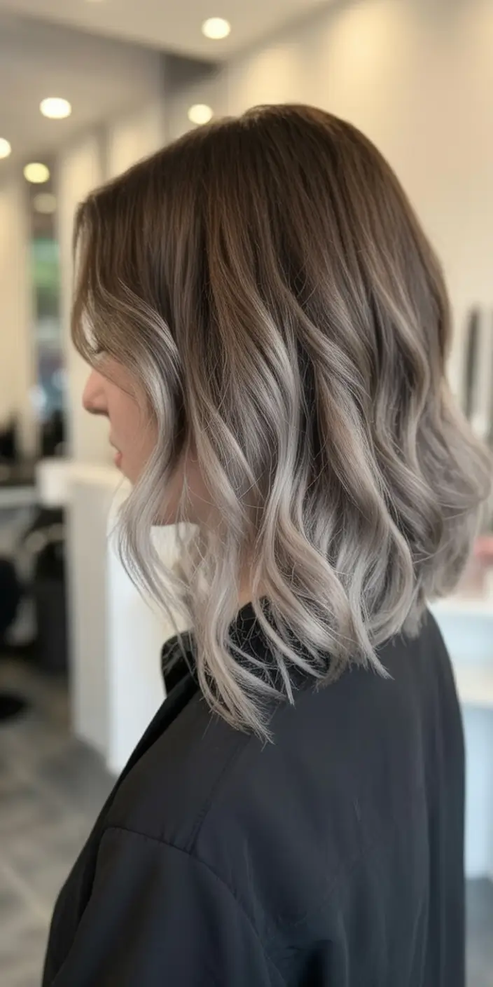 pretty spring ombre hair color 2026 Cool Ash Blonde Ombre on a Soft Textured Lob