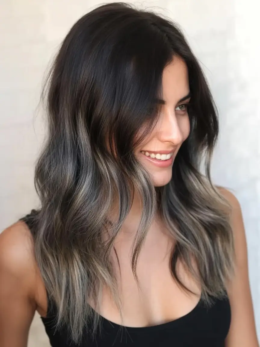 pretty spring ombre hair color 2026 Smoky Ash Ombre on Effortless Shoulder-Length Layers
