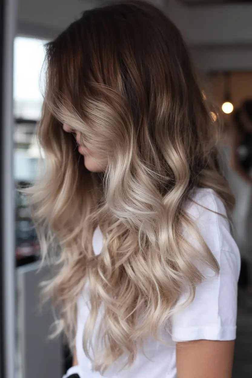pretty spring ombre hair color 2026 Classic Brunette to Champagne Blonde Ombre Waves