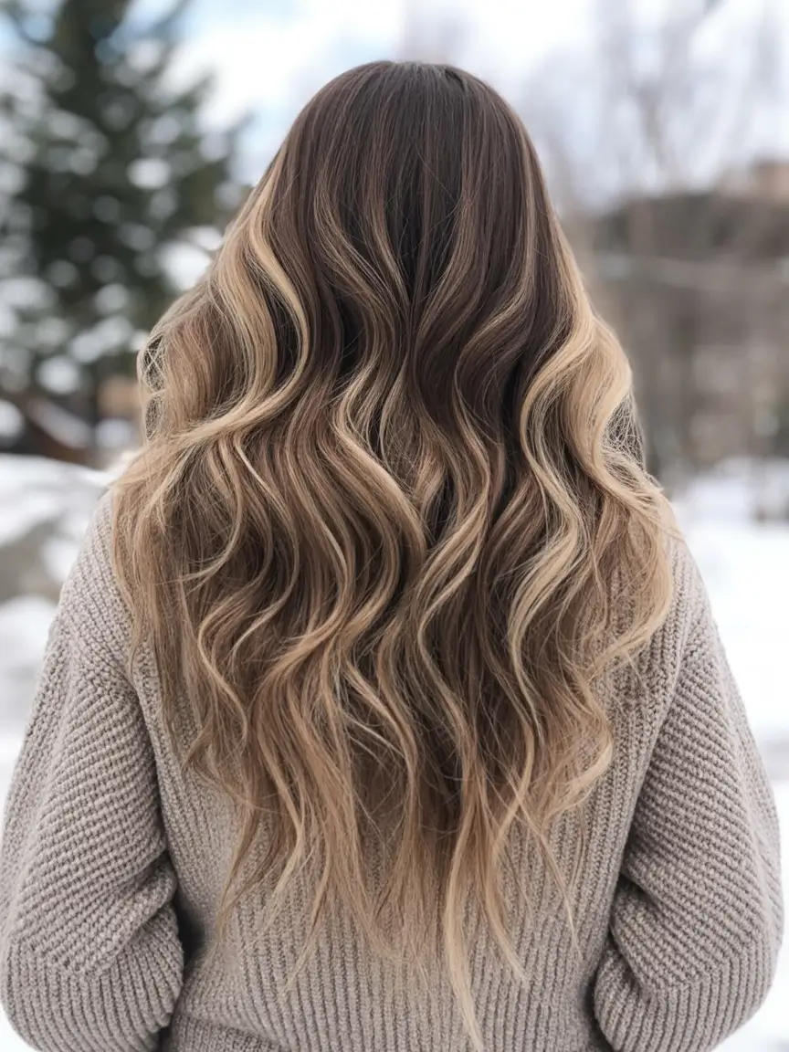 pretty spring ombre hair color 2026 Natural Brunette to Sand Blonde Ombre for Long Waves