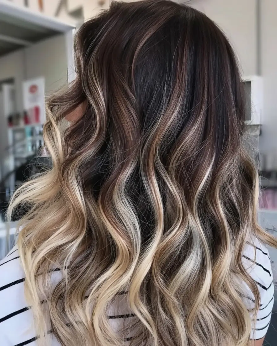 pretty spring ombre hair color 2026 High-Contrast Brunette to Blonde Beach Ombre