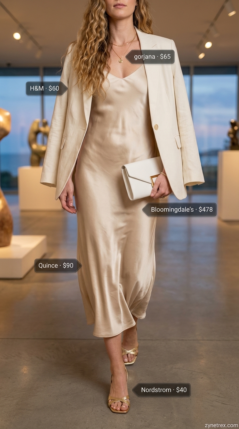 Glamorous Quiet Luxury Summer Evening 2026 Understated glamour in quiet luxury summer outfits for women 2026, featuring a champagne silk slip dress, cream blazer, and soft gold heels.