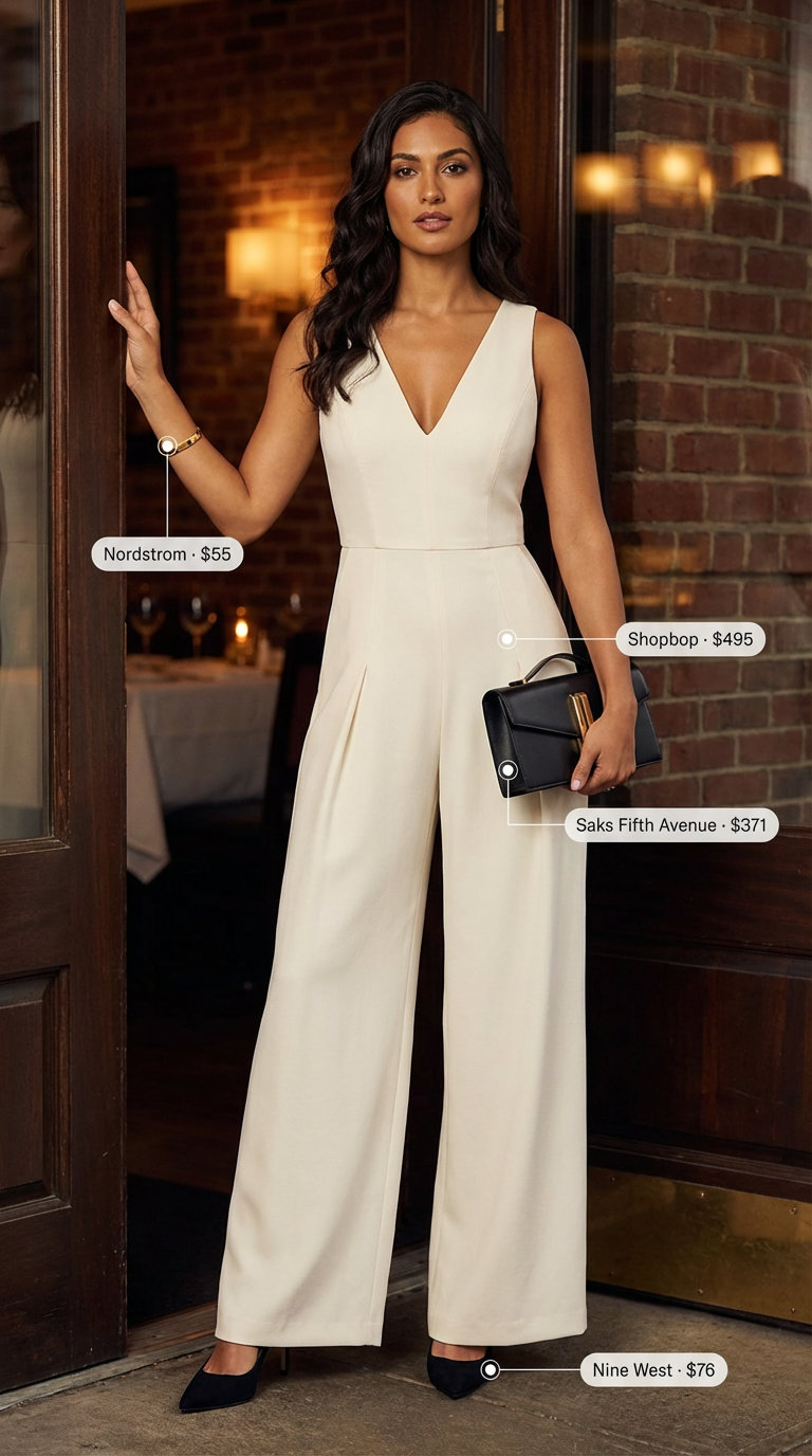 Modern Quiet Luxury Jumpsuit Outfit 2026 Sophisticated quiet luxury summer outfits for women 2026: a cream crepe wide-leg jumpsuit with black accessories and gold delicate cuff.