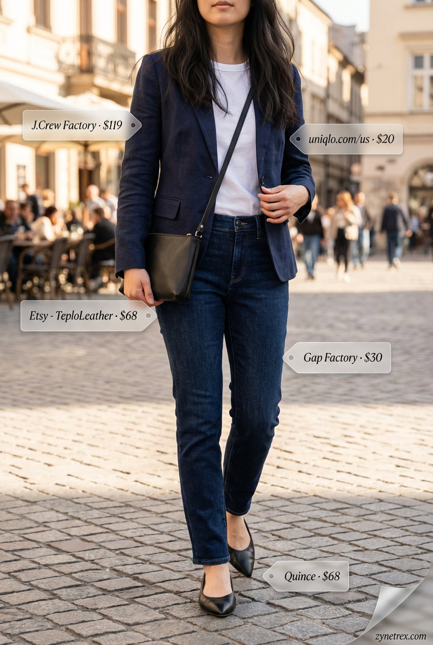 Quiet Luxury Summer Outfits For Women 2026: Elevated Denim An elevated quiet luxury summer outfit for women 2026 featuring a navy linen blazer, dark-wash straight-leg jeans, a white t-shirt, and classic black ballet flats.