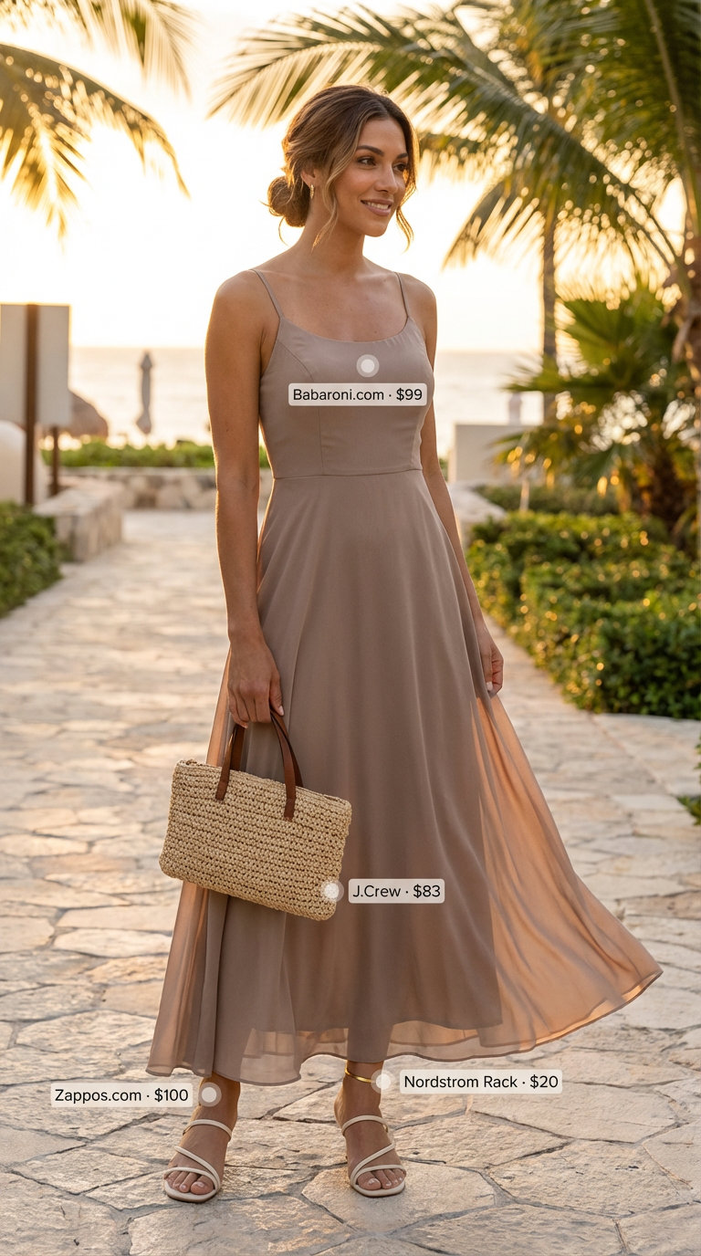 Quiet Luxury Summer Outfits For Women 2026: Fluid Maxi Dress An effortless taupe cupro blend flowy maxi dress, cream flat strappy sandals, a raffia clutch, and a gold anklet for quiet luxury summer outfits for women 2026 vacation evenings.