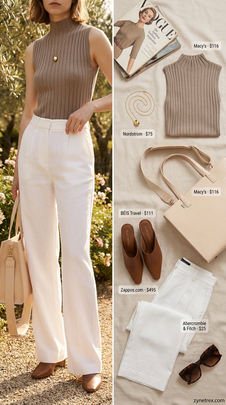 Refined Quiet Luxury Brunch Look 2026 Refined quiet luxury summer outfits for women 2026 with ivory linen blend wide-leg trousers, a beige mock neck top, and tan heeled mules.