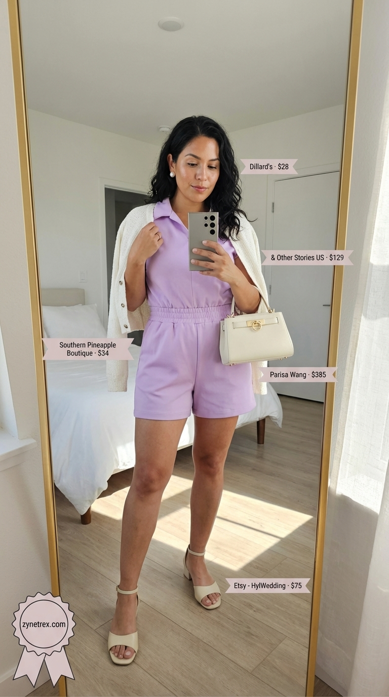 Garden Party Charm: Quiet Luxury Romper 2026 An elegant woman shines in a sophisticated quiet luxury summer outfit for women 2026 for a garden party, wearing a lavender Tencel-linen romper, a cream knit cardigan, gold low block-heel sandals, and a structured mini top-handle bag.