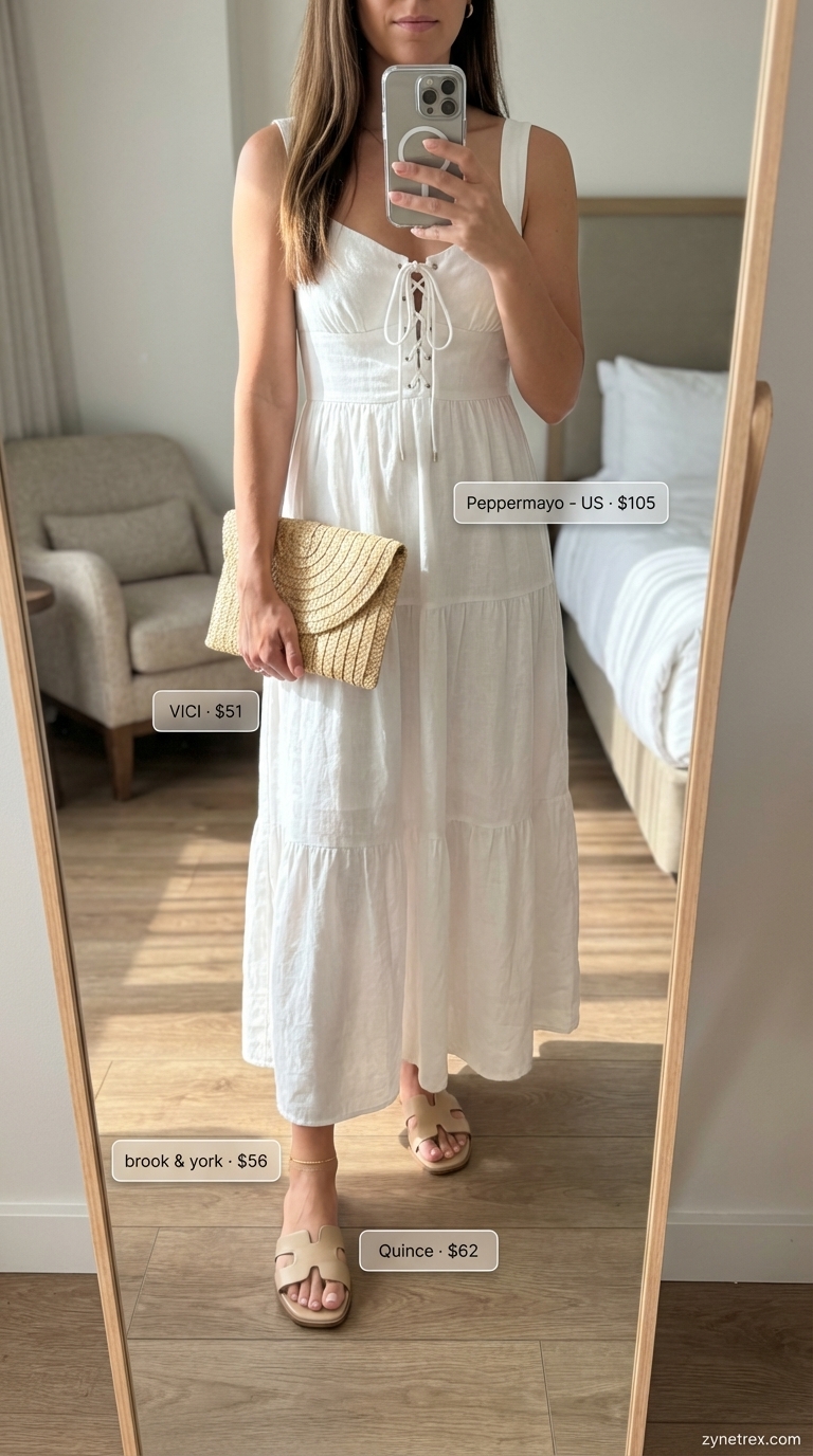 Linen Resort Glam: Quiet Luxury Summer Dress 2026 A woman exemplifies relaxed glamour in a quiet luxury summer outfit for women 2026, featuring a crisp white linen maxi dress, beige flat slide sandals, a woven straw clutch, and a wide-brim straw hat.