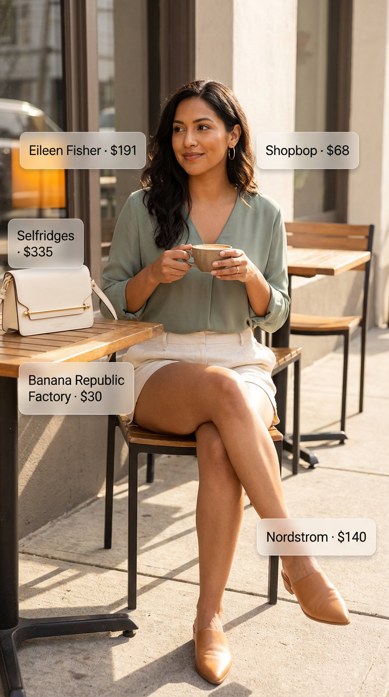 Linen Shorts & Silk Blouse: Quiet Luxury 2026 A refined woman wears a comfortable and sophisticated quiet luxury summer outfit for women 2026, featuring cream tailored linen shorts, a sage green silk blouse, tan leather mules, and gold hoop earrings.