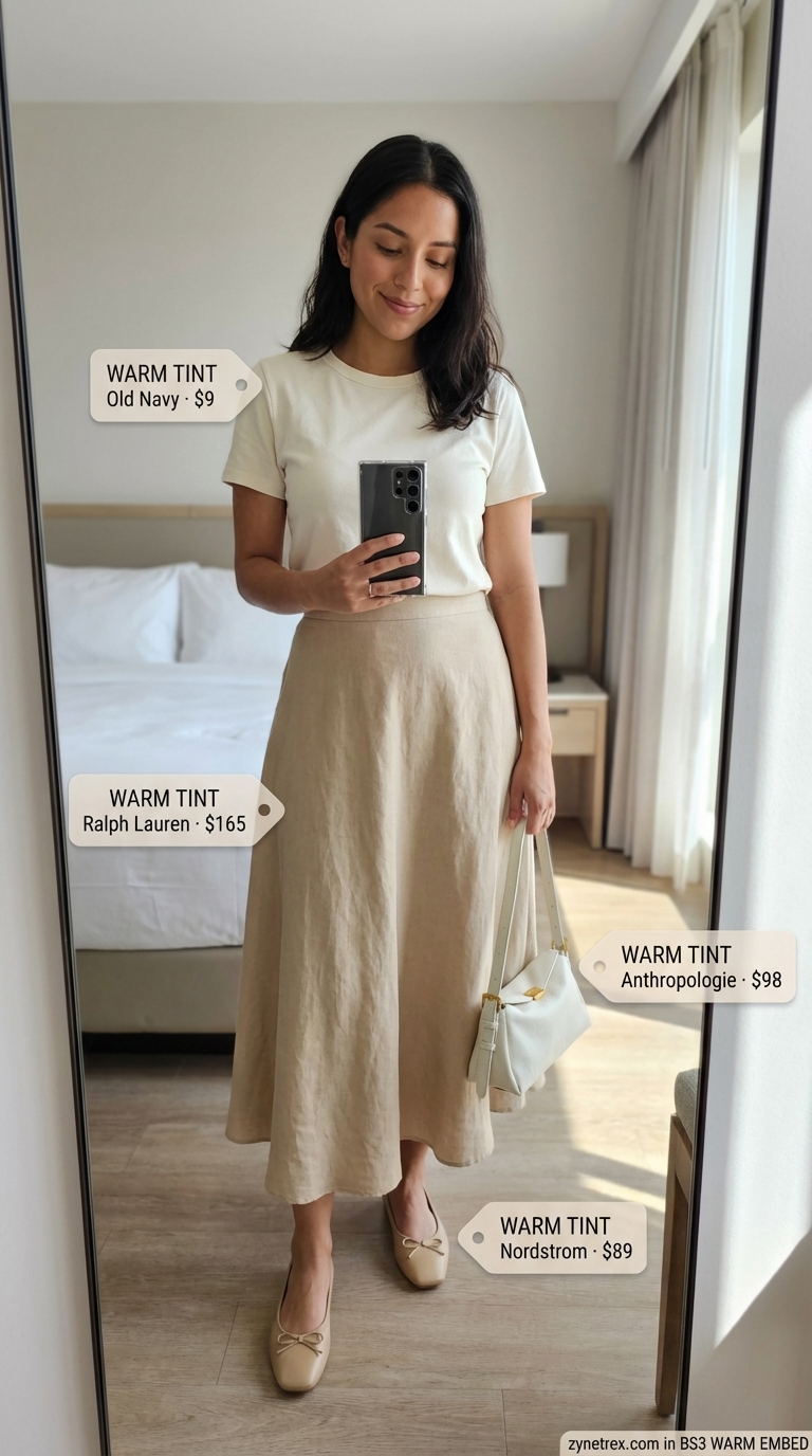 Monochrome Chic: Quiet Luxury Summer Style 2026 A serene woman wears a modern monochrome quiet luxury summer outfit for women 2026, featuring an off-white linen-cotton midi skirt, a cream Pima cotton t-shirt, a beige longline cardigan, and nude ballet flats.