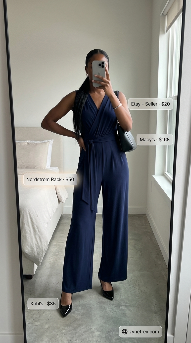 Minimalist Jumpsuit: Quiet Luxury Summer Style 2026 A chic woman showcases a Modern Minimalist quiet luxury summer outfit for women 2026, featuring a deep navy blue sleeveless wide-leg jumpsuit, black patent leather slingbacks, a structured black shoulder bag, and a thin silver bangle.