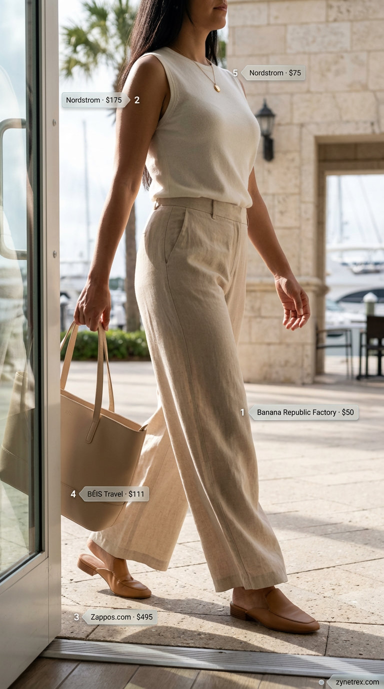 Quiet Luxury Summer Outfits For Women 2026: Riviera Brunch An effortless ivory linen wide-leg trousers, soft beige silk-cashmere knit shell top, tan heeled mules, and a structured top-handle bag for quiet luxury summer outfits for women 2026.