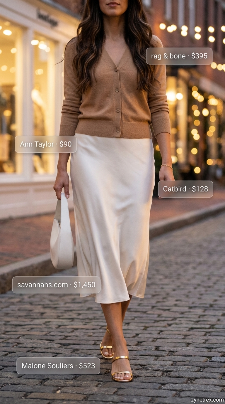 Quiet Luxury Summer Date Night Outfit 2026 Luxurious quiet luxury summer outfits for women 2026 featuring an ivory silk skirt, camel cashmere cardigan as a top, gold mules, and a cream shoulder bag.