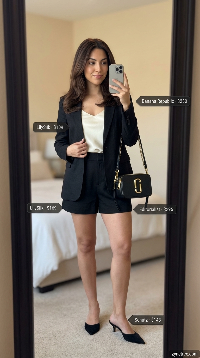 Tailored Evening: Quiet Luxury Summer Shorts 2026 A woman presents a sophisticated black and cream tailored quiet luxury summer outfit for women 2026, with high-waisted tailored shorts, a cream silk camisole, a black blazer, heeled mules, and a structured shoulder bag, perfect for evening.