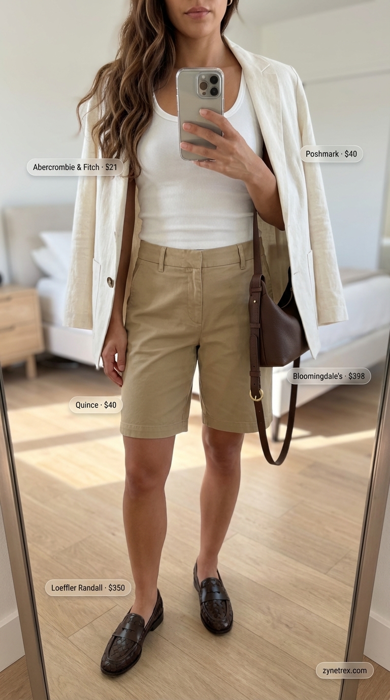 Urban Safari: Quiet Luxury Summer Outfits 2026 A woman models a chic Urban Summer Safari quiet luxury outfit for women 2026, featuring khaki Bermuda shorts, a white ribbed tank, an off-white linen blazer, and a dark brown leather crossbody bag, perfect for city sightseeing.