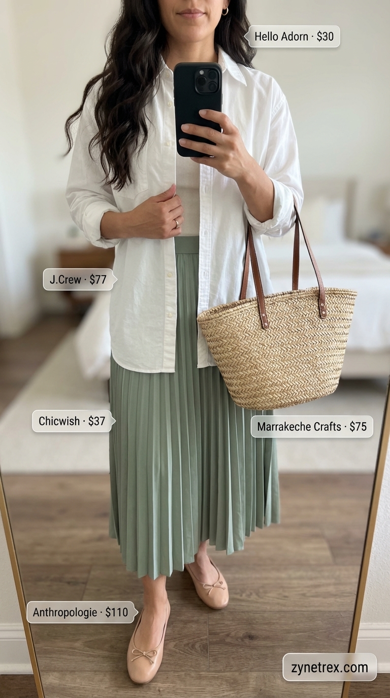 Quiet Luxury Summer Outfits For Women 2026: Weekend Retreat A serene sage green flowing pleated midi skirt, an oversized white button-down shirt, nude ballet flats, and a woven straw bag for quiet luxury summer outfits for women 2026.