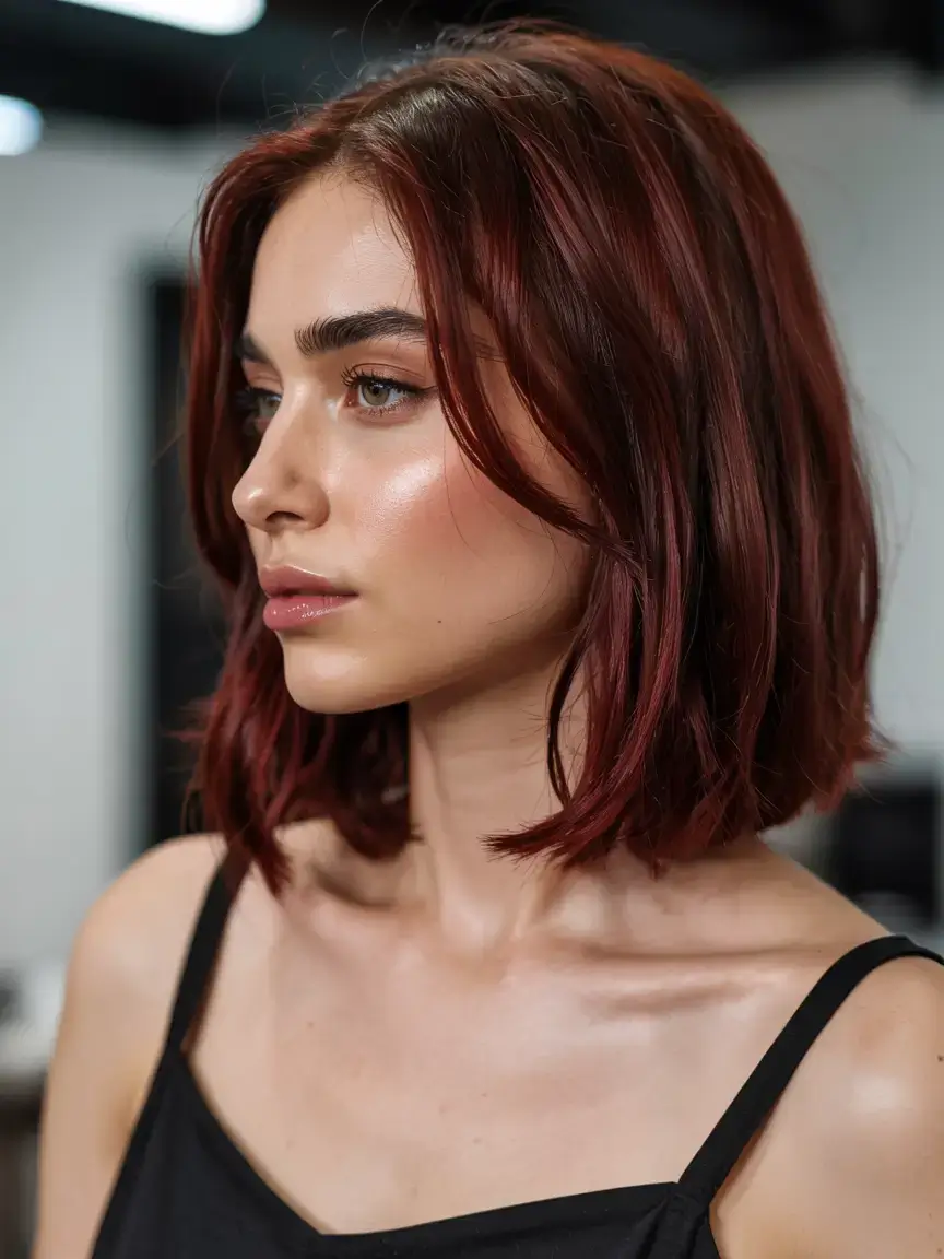 radiant spring hair color ideas to look younger 2026 Cherry Cola Bob with a Modern Glossy Finish