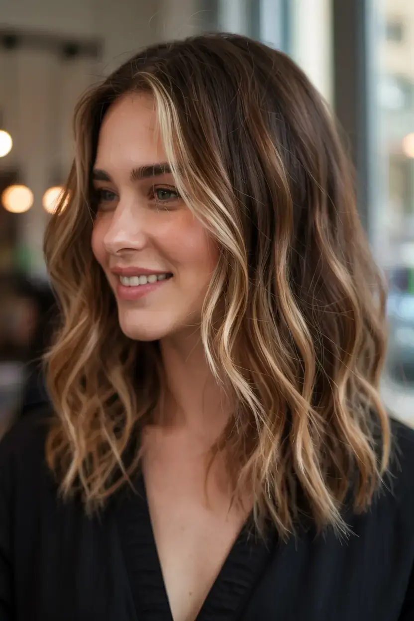 radiant spring hair color ideas to look younger 2026 Golden Ribbon Highlights on a Textured Lob