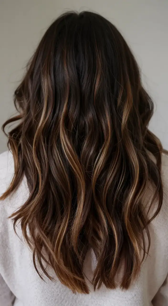 radiant spring hair color ideas to look younger 2026 Deep Chocolate Waves with Subtle Caramel Threads