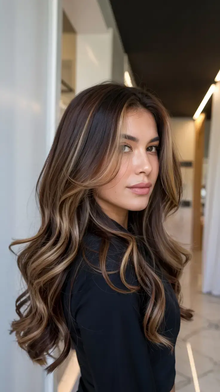 radiant spring hair color ideas to look younger 2026 Dimensional Caramel Brunette with Long Flowing Layers
