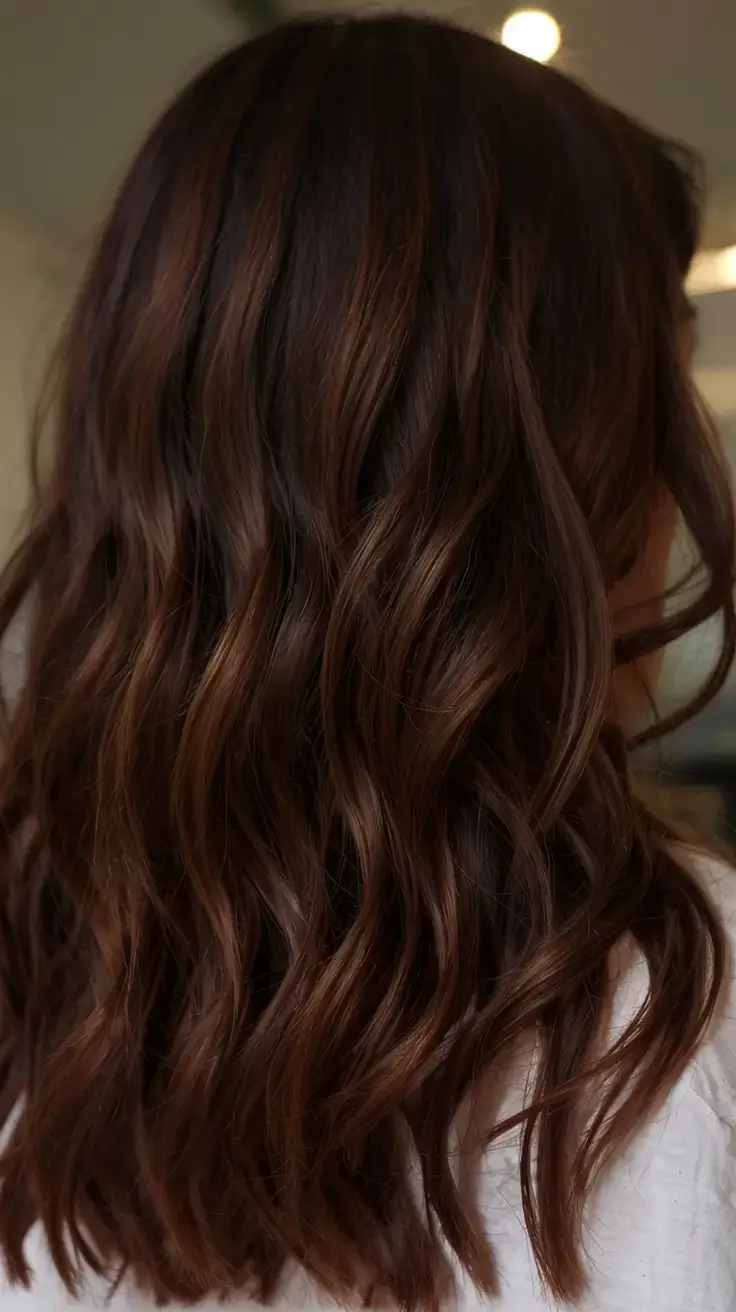 radiant spring hair color ideas to look younger 2026 Glossy Dark Auburn Waves with Rich Depth