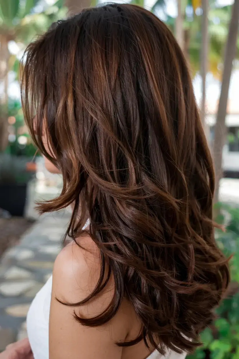 radiant spring hair color ideas to look younger 2026 Chocolate Layered Waves with Natural Movement