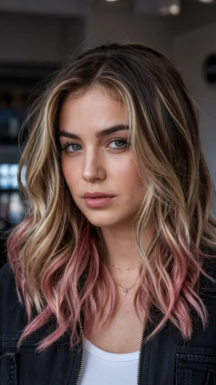 radiant spring hair color ideas to look younger 2026 Blonde with Soft Rose-Tinted Ends