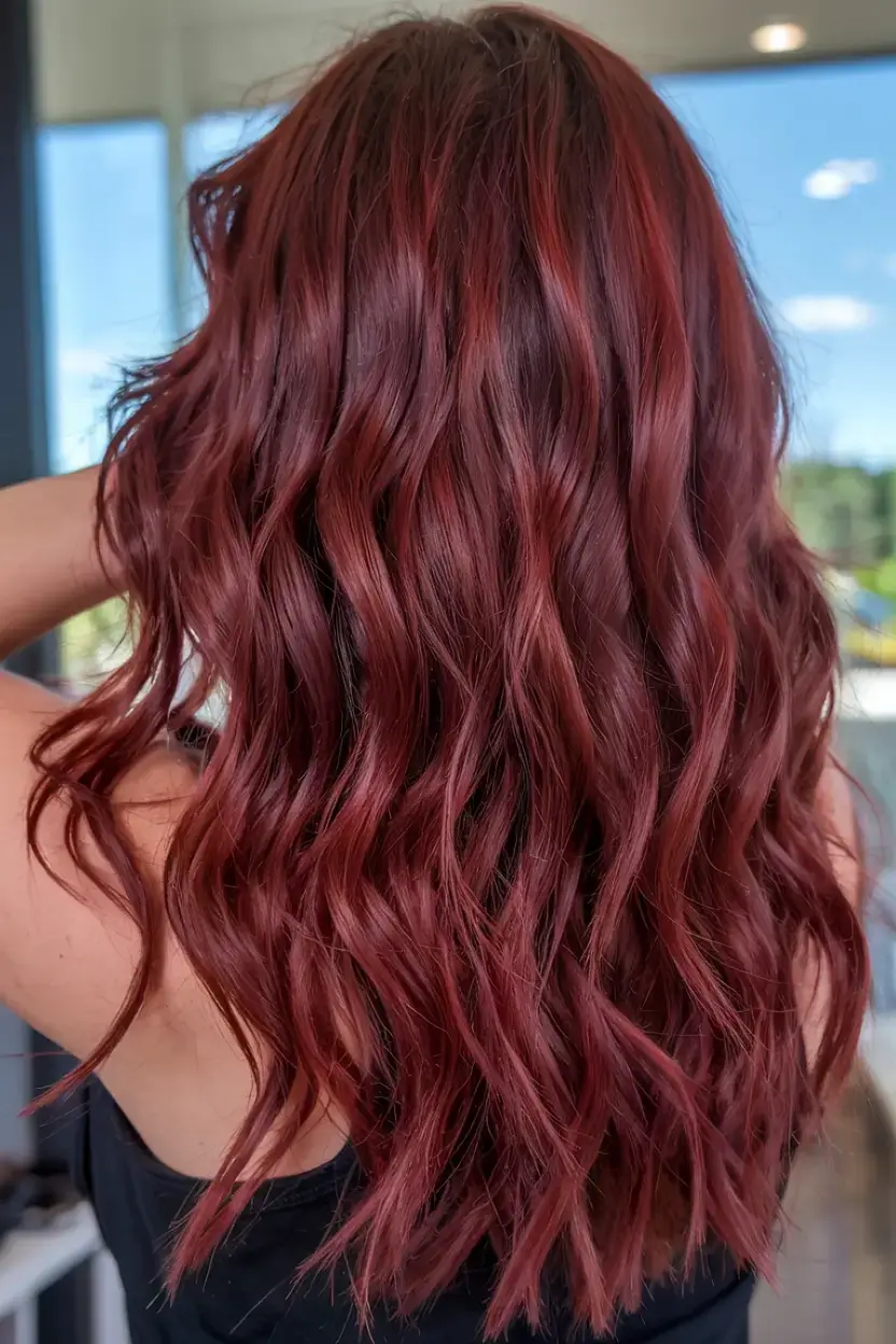 radiant spring hair color ideas to look younger 2026 Velvet Burgundy Waves with Vibrant Shine