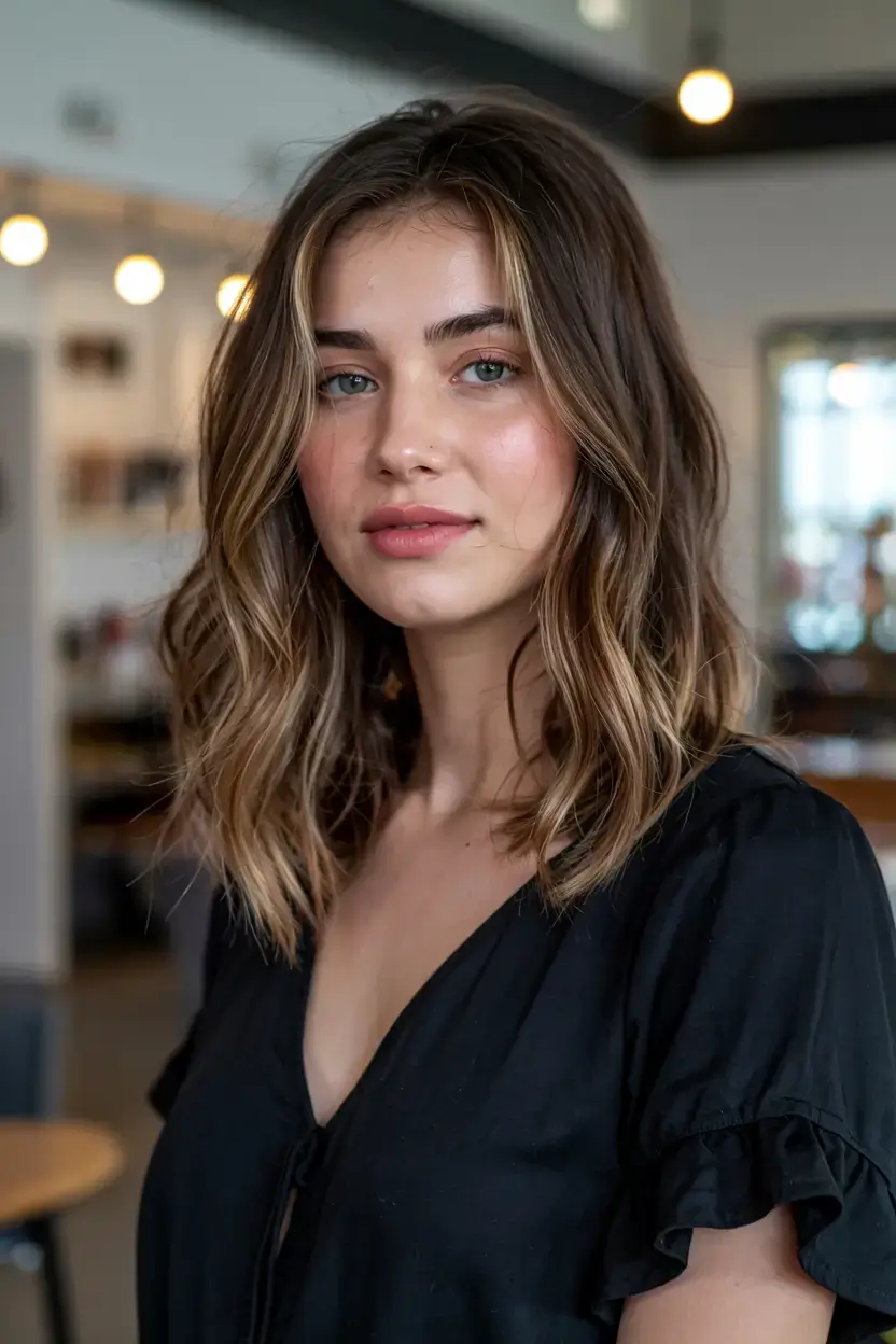 radiant spring hair color ideas to look younger 2026 Soft Brunette Lob with Creamy Face-Framing Highlights