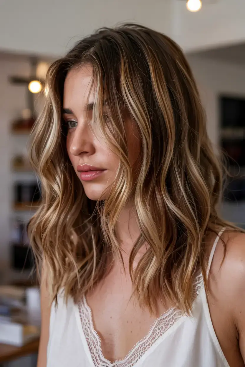 radiant spring hair color ideas to look younger 2026 Golden Beige Waves with Lived-In Balayage