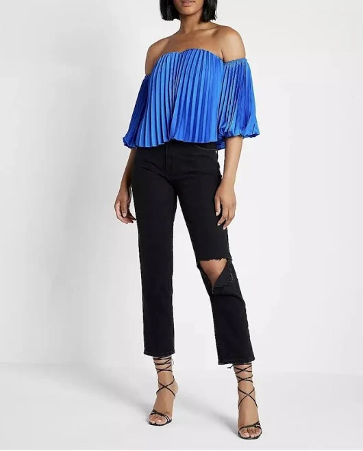 NEW Express Cobalt Blue Off The Shoulder Top Pleated Balloon Sleeves M | eBay