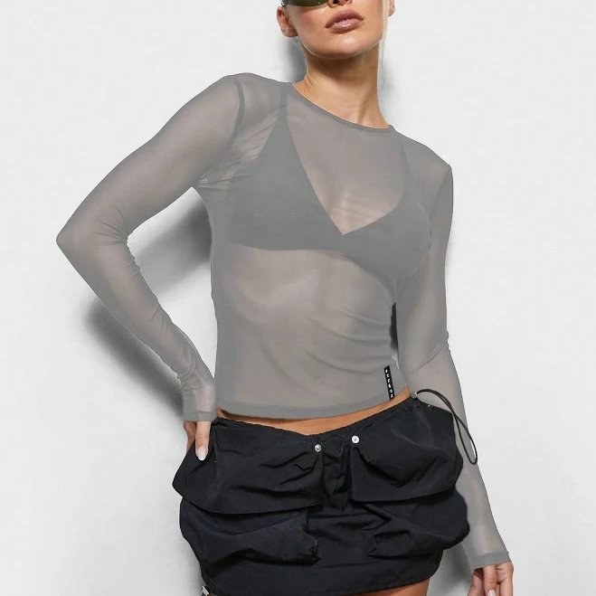 SUMWON WOMEN Long Sleeve Sheer Mesh Overlay Top With Fitted Silhouette For Casual Layering And Spring Summer Fashion