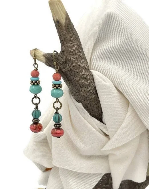 Boho Czech Turquoise & Pink Coral Dangle Earrings
