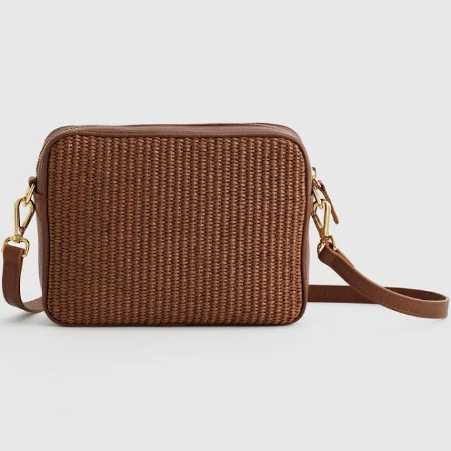 Italian Leather & Raffia Crossbody in Mocha