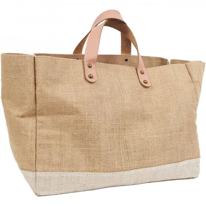 Large Jute Tote Bag With Leather Handle